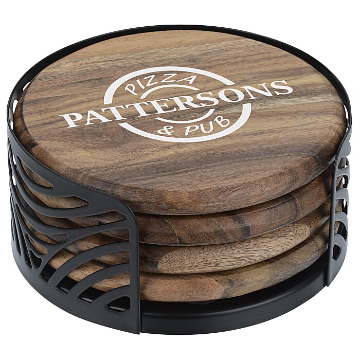 Custom Acacia Wood 4-Piece Coaster Set in Metal Stand - Round