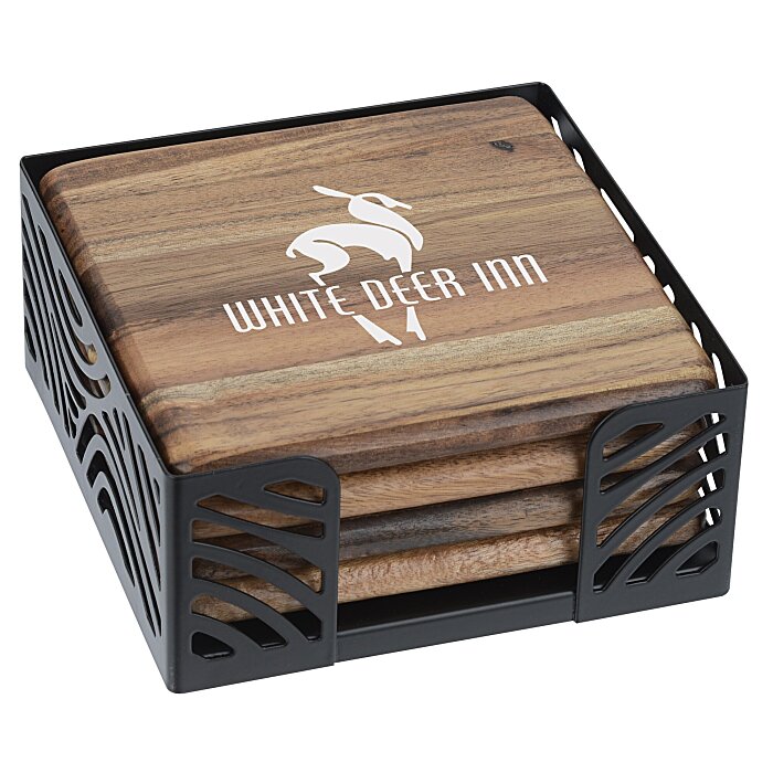 Custom Acacia Wood 4-Piece Coaster Set in Metal Stand - Square